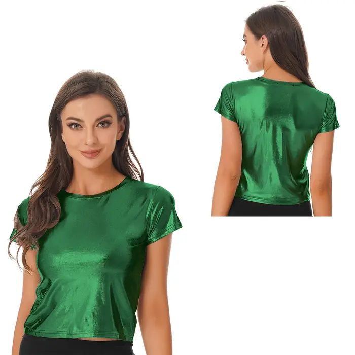 T-shirt métallique brillant à manches courtes pour femmes