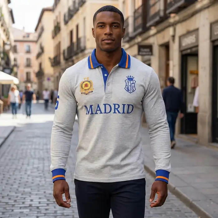 Polos pour hommes Gris 100% coton Polo à manches longues Col complet avec broderie Madrid Vêtements de sport décontractés