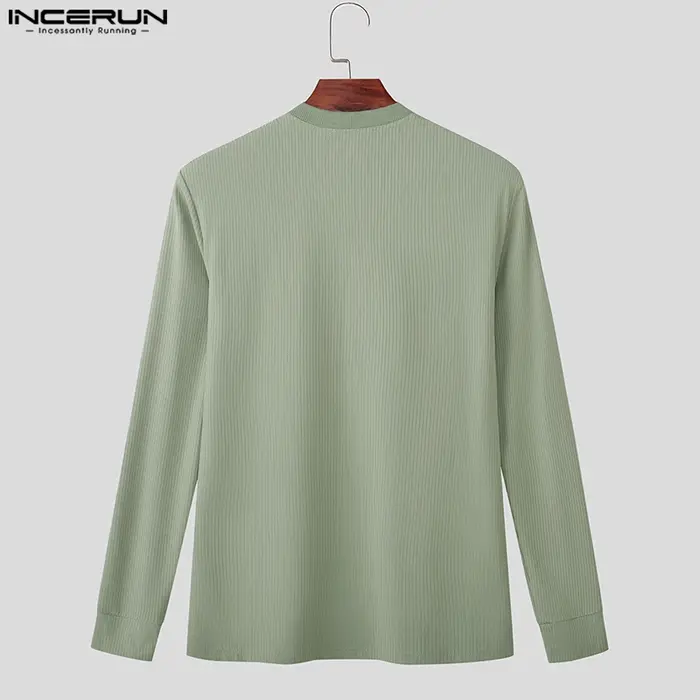 INCERUN hommes t-shirt couleur unie col en V à manches longues tricoté Streetwear mâle