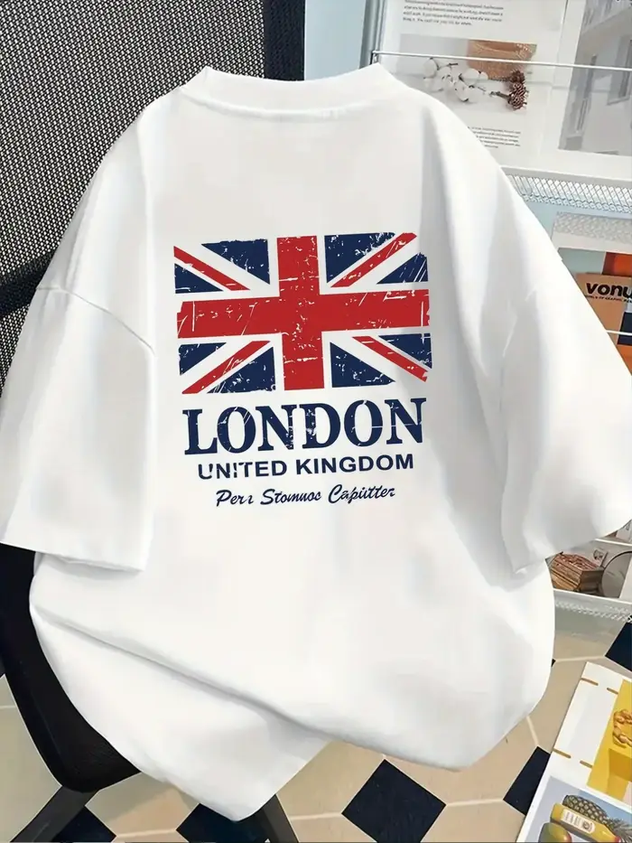 T-shirt élégant pour homme 100 % coton avec motif Union Jack vieilli et texte London, idéal pour un 