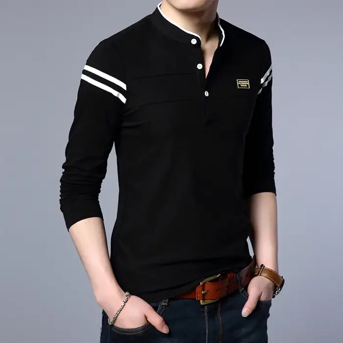 T-shirt POLO à manches longues pour hommes, décontracté, en coton, respirant, col montant, chemise c