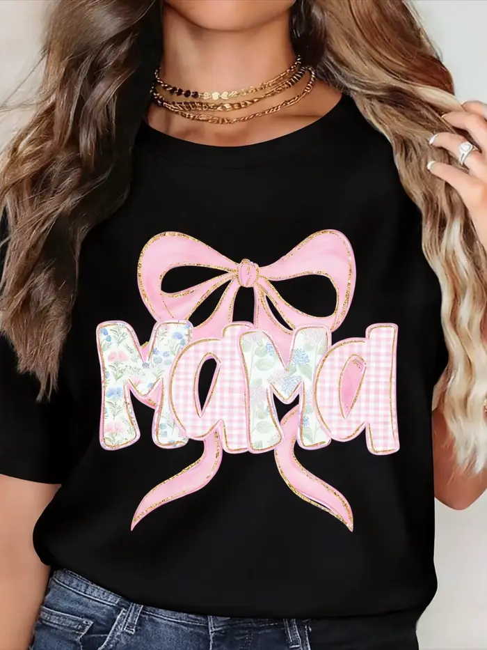 T-shirt rose à nœud imprimé MAMA
