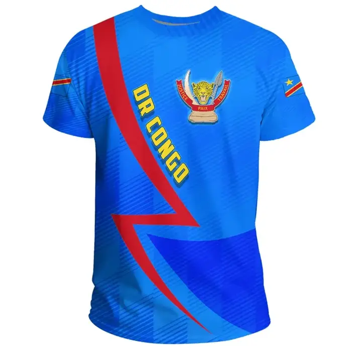 T-shirt à manches courtes à col rond décontracté d'été avec impression 3D de l'emblème national de la République démocratique du Congo