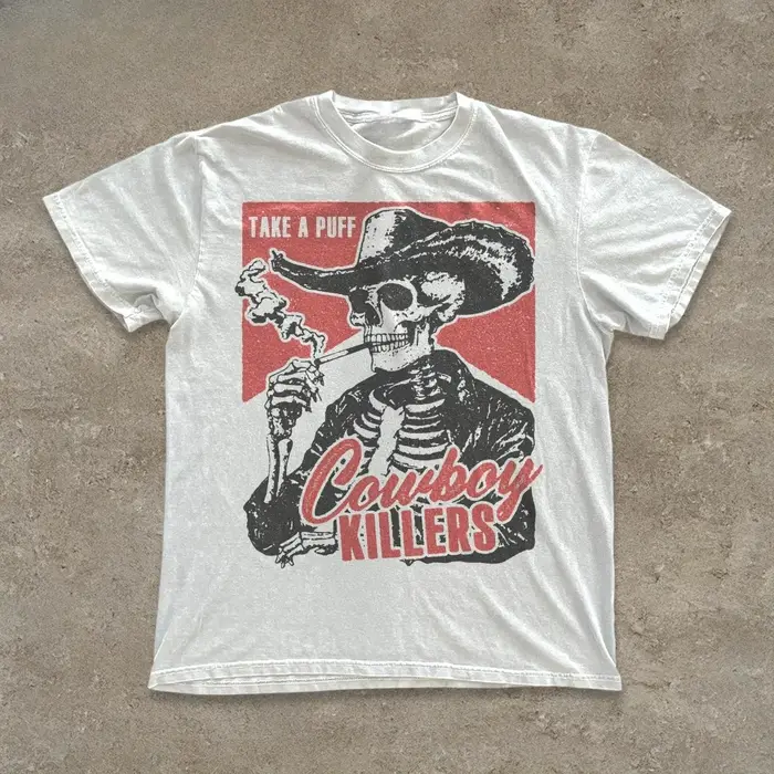 T-shirt Cowboy Tueur avec Crâne Fumant, Motif de Crâne Amusant, Style Punk Western Rétro, T-shirt en