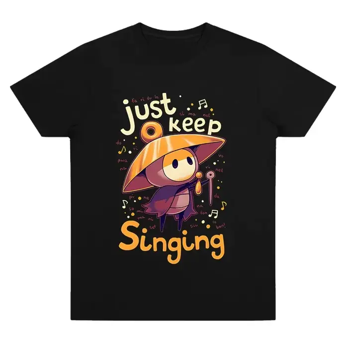 T-shirt Sherma « Just Keep Singing » Hollow Knight Silksong avec motif de dessin animé