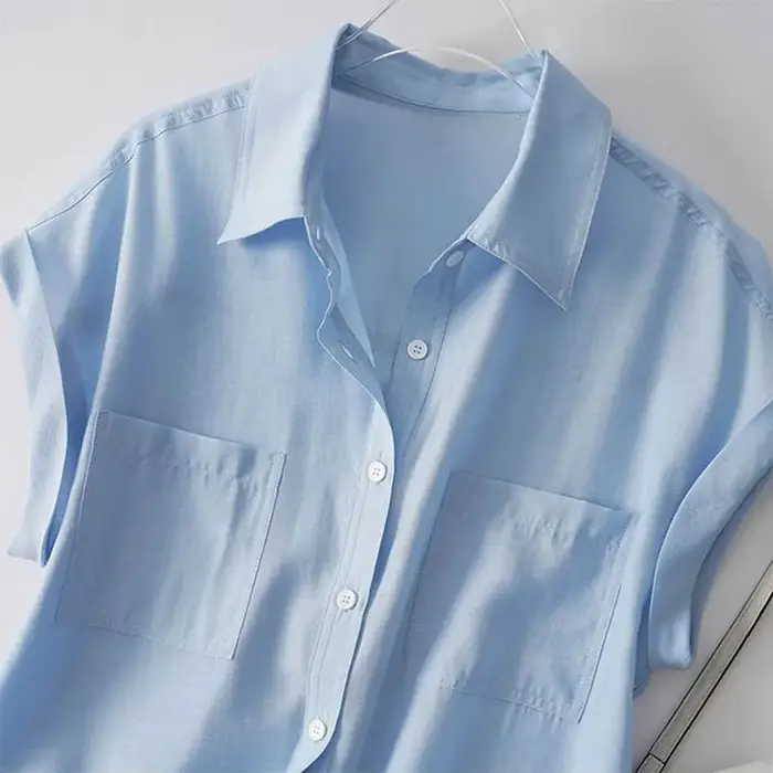 Vert solide décontracté col Polo simple boutonnage à manches courtes femmes Blouse chemise