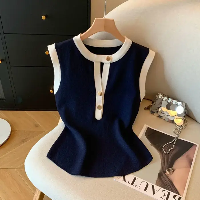 T-shirt vintage sans manches pour femme, col rond boutonné, débardeur élégant, coupe ajustée, haut d