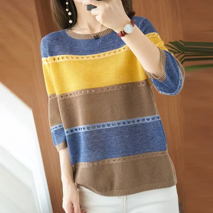 Pull fin tricoté à manches courtes pour femme