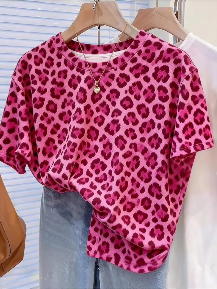 T-shirt femme imprimé léopard décontracté à manches courtes col rond motif animal été oversize streetwear