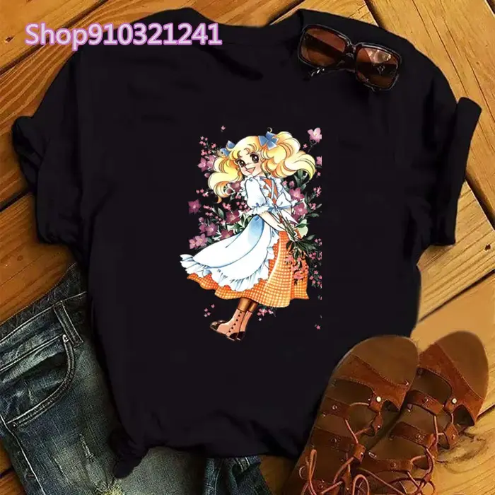 Kawaii Anime bonbons T-shirt femmes été à manches courtes mignon noir