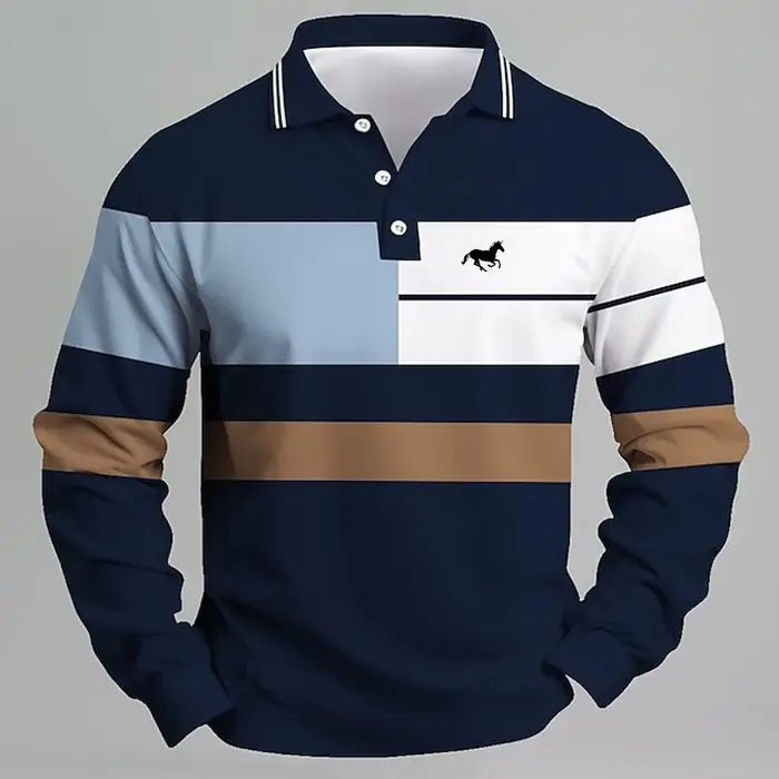 Polo avec logo licorne imprimé rayé pour hommes – T-shirt décontracté à manches longues