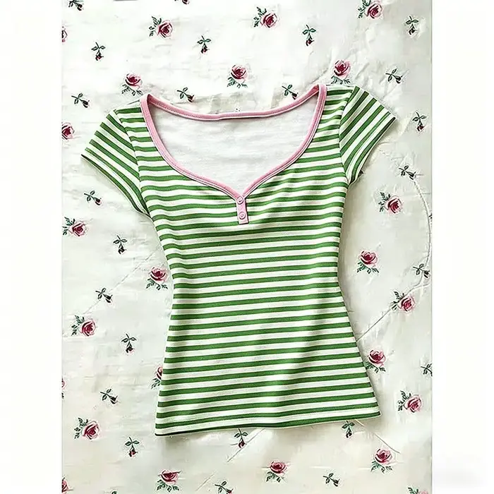 T-shirt Femme Chic en Coton à Rayures, Style Y2K, Esthétique Rock Mignonne, Urbaine, Emo, Hip Hop, H