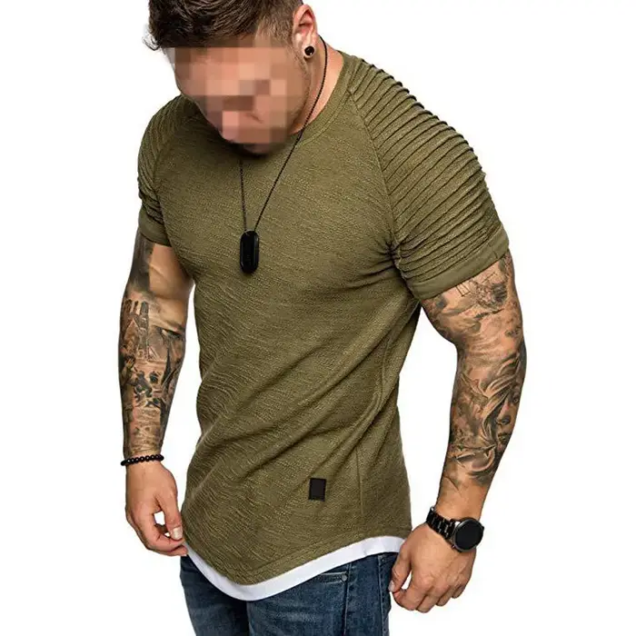 Mode manches plissées hommes T-shirt rayé épaule drôle t-shirts Hip Hop hauts coupe ajustée à manche