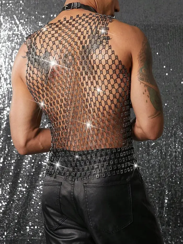 Débardeurs hommes strass résille brillant haut musculaire homme voir à travers gilet rond paillettes sans manches T-Shirt fête discothèque vêtement