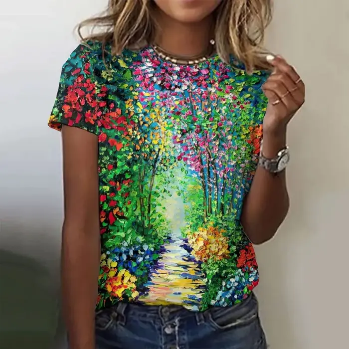 Arbres fleurs motif t-shirt pour femmes océan soleil 3D imprimé manches courtes T-Shirts été décontr