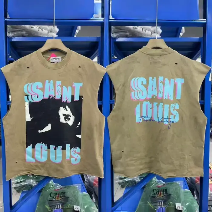 SAINT Débardeur Vintage Homme Sans Manches Effet Vieilli Délavé Style Rétro Streetwear Coupe Ample T