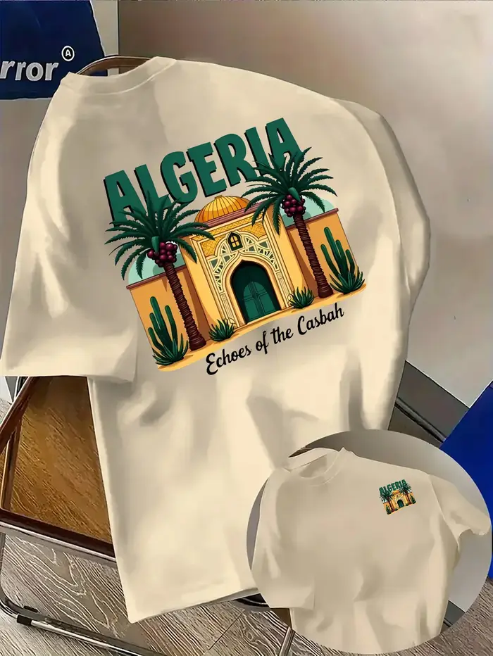 T-shirt pour homme en coton 100% à thème Algérie vibrante avec imprimé graphique architecture casbah et palmiers