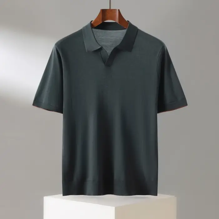 Été 100 Lyocell Tencel tricoté à manches courtes hommes couleur unie col POLO T-shirt avec demi manc