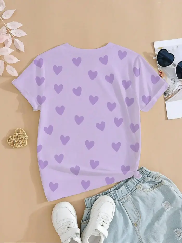 T-shirt graphique K-Pop pour filles - Motif cœur violet imprimé Nova Beat Chibi, tee-shirt décontracté pour enfants