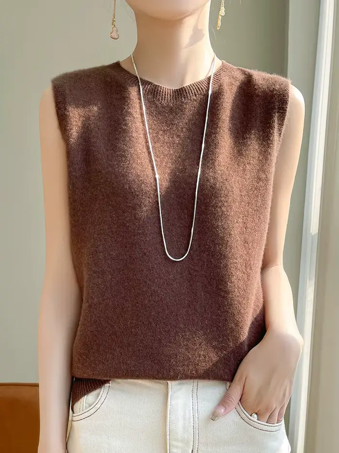 Femmes laine gilet printemps été col rond sans manches pull