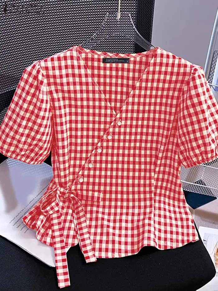 ZANZEA manches courtes bouffantes Vintage Blouses taille nouée décontracté été col en v Peplum hauts femmes vichy élégant enveloppé chemises