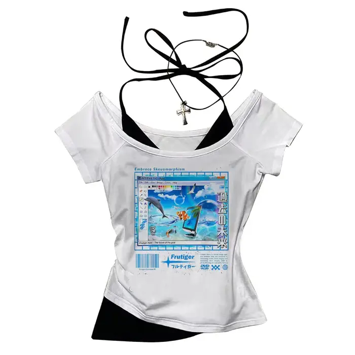 Frutiger Aero crop top harajuku mignon été gothique fée Grunge 2025 Streetwear adolescents t-shirt