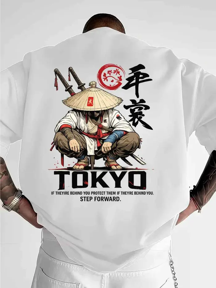 T-shirt Ninja Warrior japonais pour hommes, style classique Anime Street, coupe ample, col rond, man