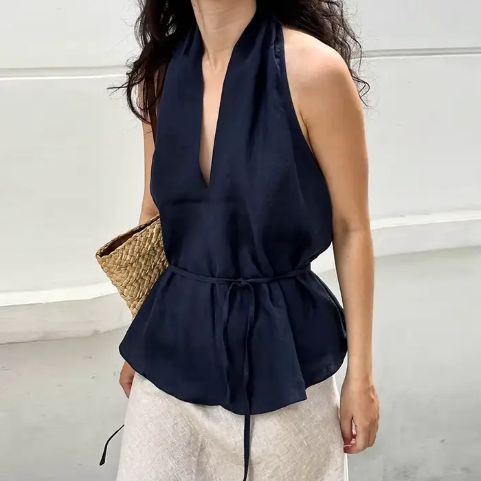 Débardeur Halter Chic Marine pour Femme – Top Décontracté Printemps à Col Plongeant et Lacets – Nouv