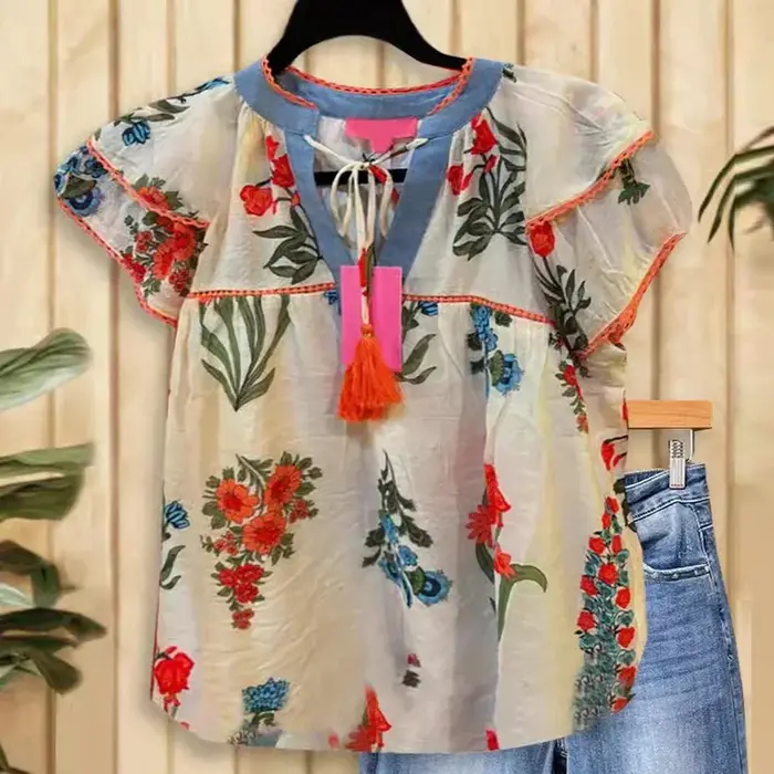 T-shirt d'été à manches courtes et col en V pour femme