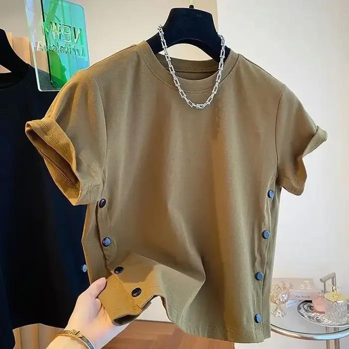 2025 été Double boutonnage chemise nouveau ample décontracté bouton fente col rond hommes T-Shirt à manches courtes Blouse Design haut tendance