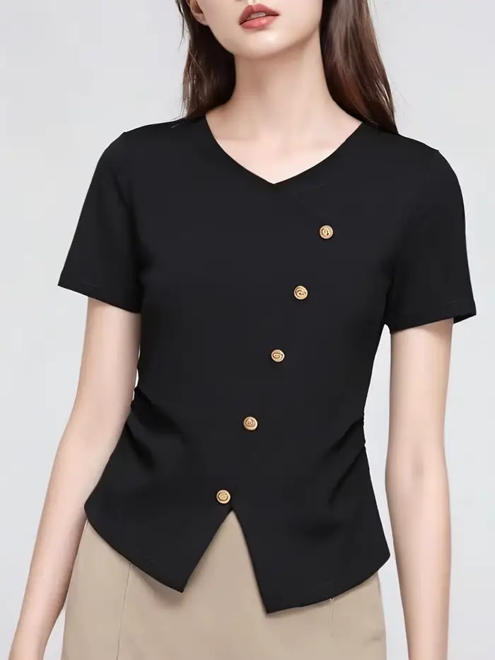 T-Shirt blanc à la taille pour femmes, Style français, col en V, manches courtes, chemisier à la mode, été 2025