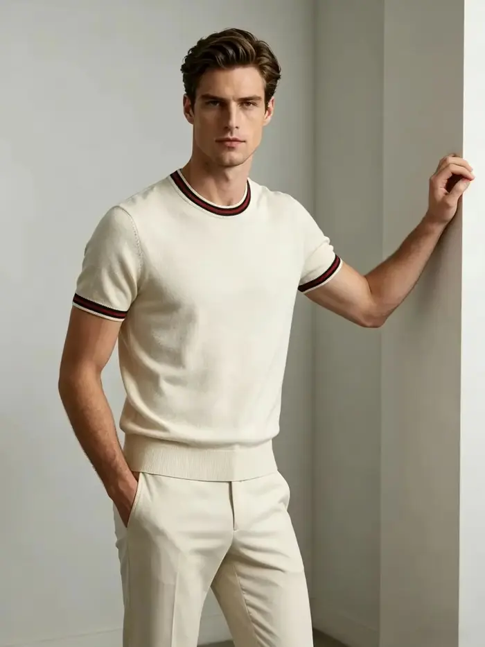 La chemise en tricot à manches courtes de couleur blanc clair convient à porter avec un pantalon ou 
