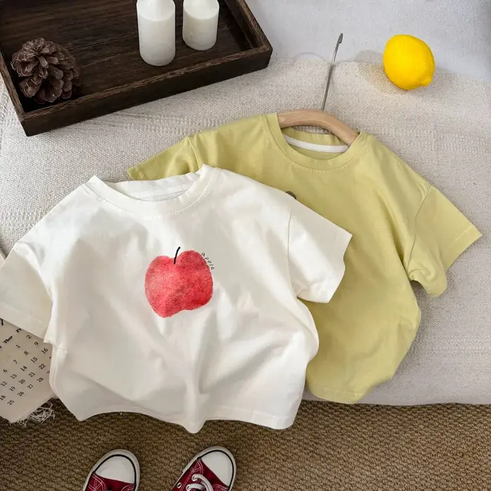T-shirt Apple Banana pour garçons et filles, vêtements d'été mignons, col rond, haut en pur coton, t-shirts blancs et jaunes pour tout-petits