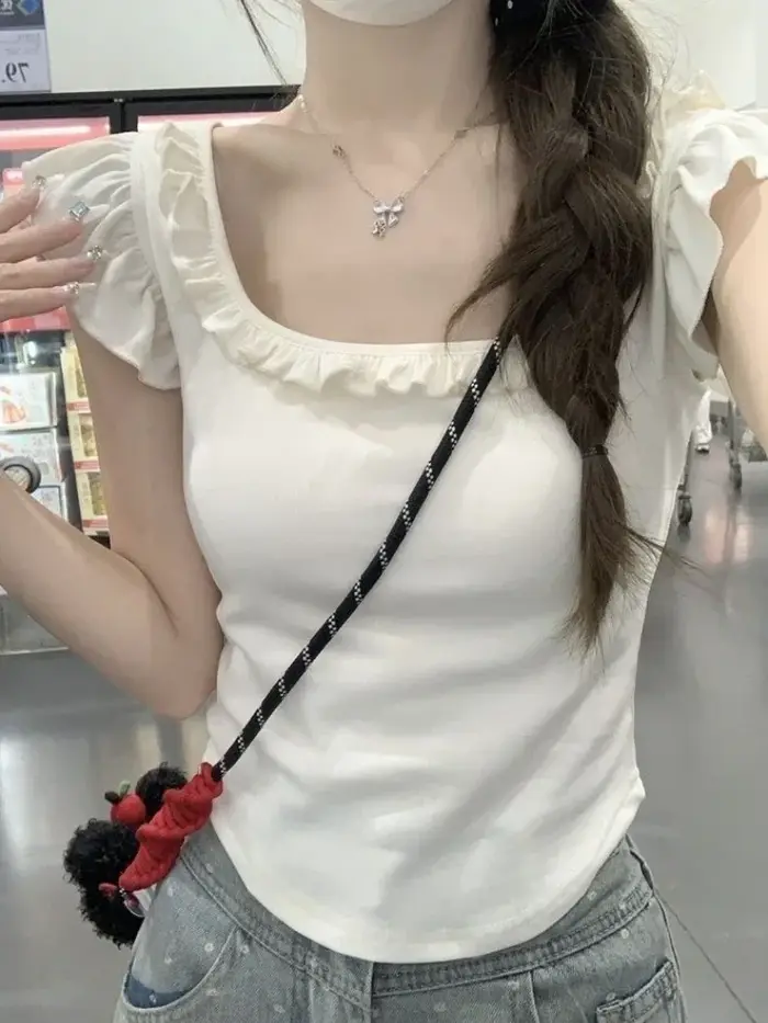 Blanc femme t-shirts col carré manches volantes tunique Camisetas 2025 Ropa Mujer été