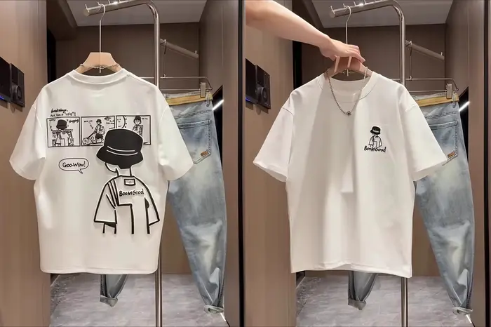 T-shirt pour homme à motifs élégants, 100% coton, style rétro cartoon, polyvalent, ample et conforta
