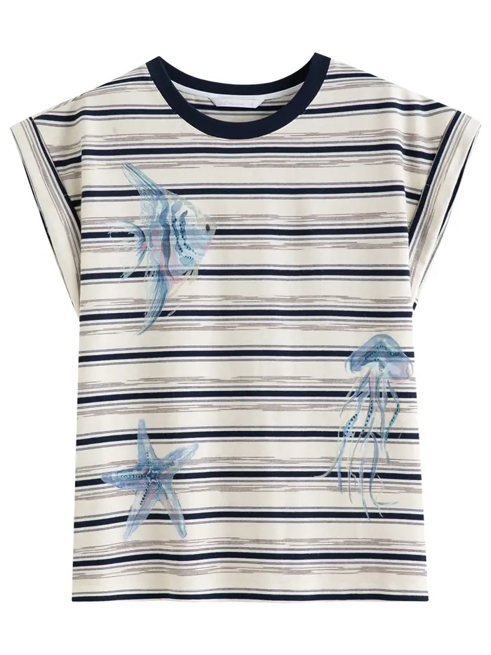 T-shirt DUSHU à manches raglan rayées imprimé océan et strass