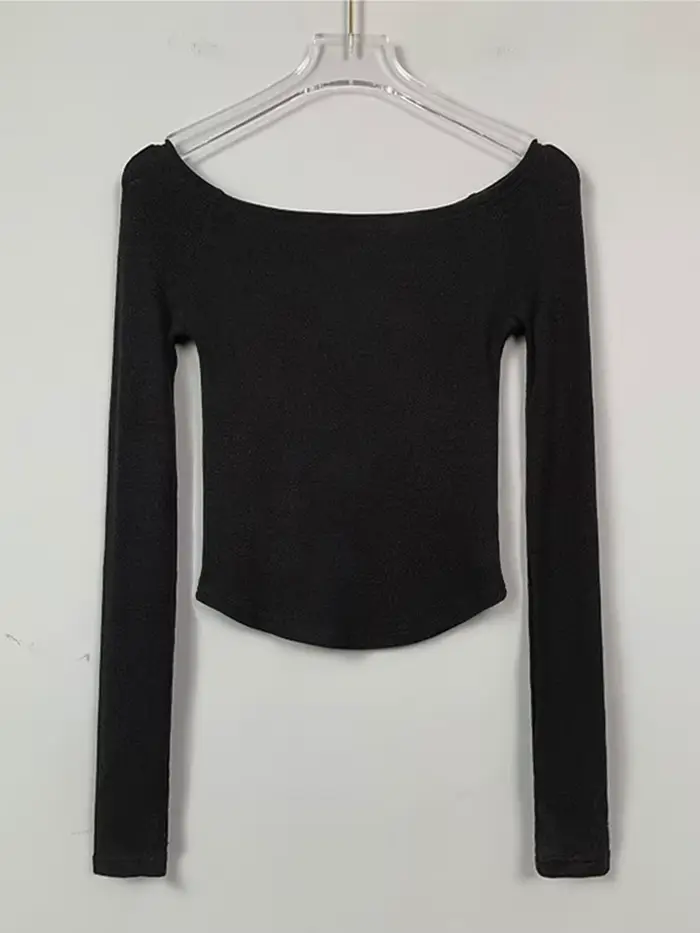 T-shirt à manches longues et col slash pour femme, court et sexy, en coton, slim, noir et blanc, Y-2