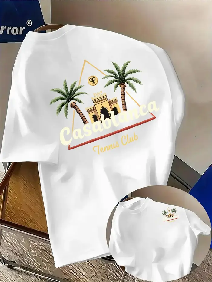 T-shirt pour homme en coton 100% noir, imprimé inspiré du tennis tropical avec des palmiers et une a