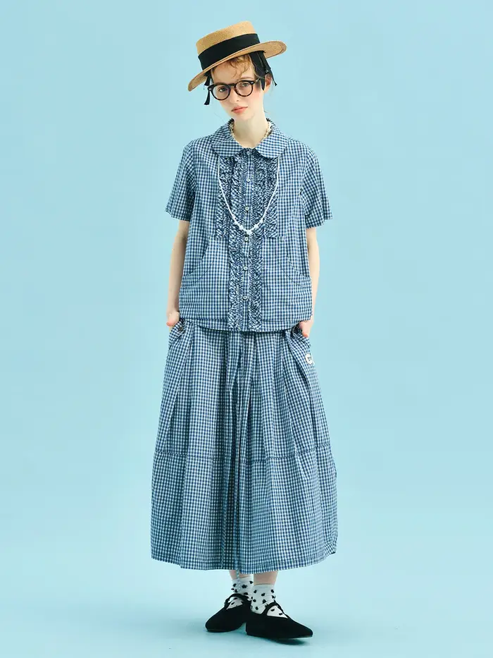 Chemise à carreaux bleue 2025 imakokoni style d'été pur coton lavé col de poupée dentelle manches courtes femmes 255011