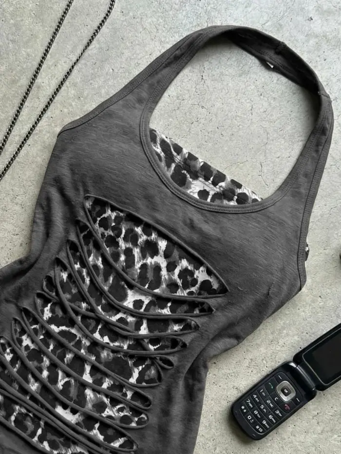 Débardeur Halter Léopard Esthétique Y2K Effet Deux Pièces pour Femme