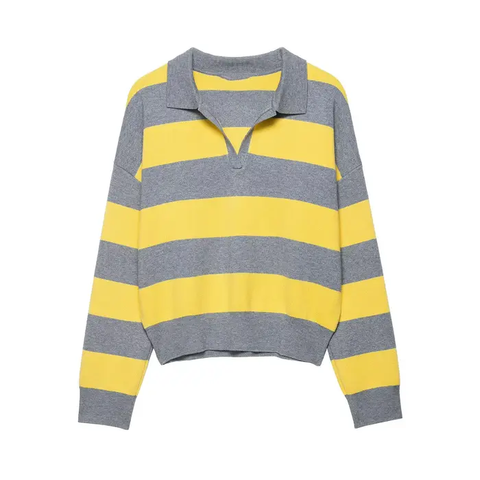 T-shirt tricoté à rayures jaunes pour femmes, col en V, manches longues, pull, Streetwear, mode, amp