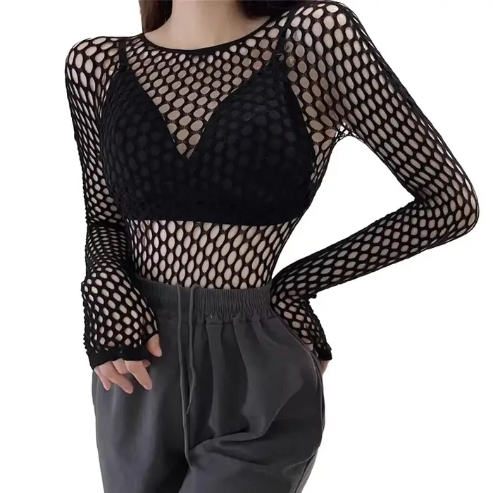 Femmes Sexy maille à manches longues résille hauts amusant mode Slim Fit