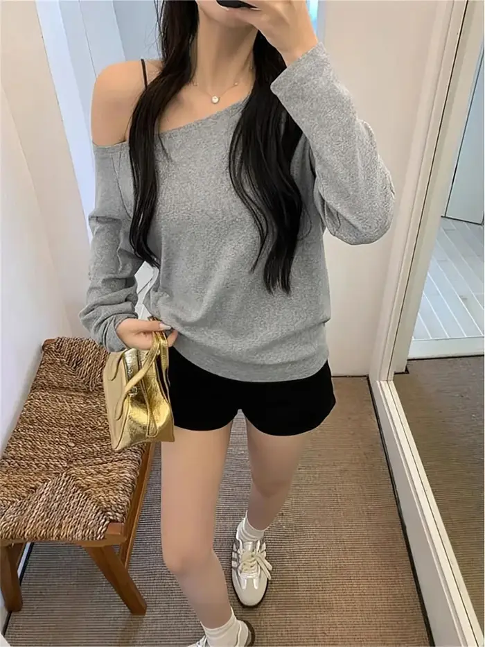 T-shirt oversize à épaules dénudées et manches longues pour femme
