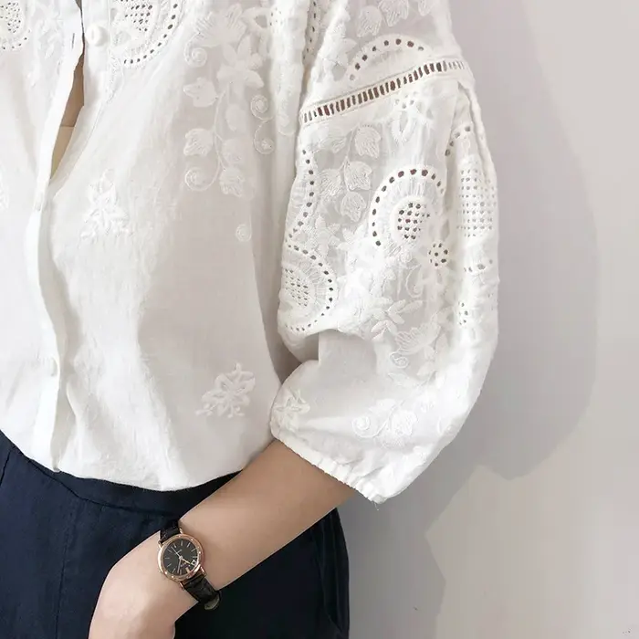 TEELYNN blanc coton broderie florale Blouse chemises pour haut pour femme chemise Vintage Blouses été 2025 Boho décontracté dames Blusas