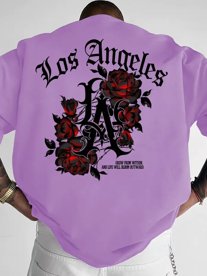 T-shirt gothique streetwear pour homme, Los Angeles LA & imprimé graphique rose rouge, col rond, man