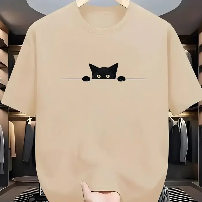 T-shirt à col rond pour hommes, imprimé chaton mignon, doux et respirant, décontracté, polyvalent, p