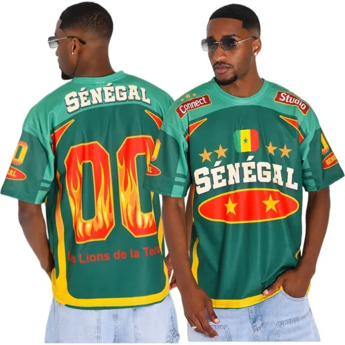 T-shirt Commémoratif Lion Cinq Étoiles Sénégal 2026, Manches Courtes, Inscription SÉNÉGAL, Flamme au