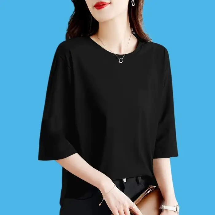 T-shirt à manches 7-quarts en pur coton pour femmes, haut ample, fin, couleur unie, col rond, Base p