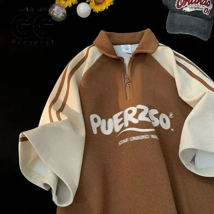 Polo Gaufré à Demi Fermeture Éclair pour Homme et Femme, Col Coloré, T-shirt à Manches Courtes, Lett