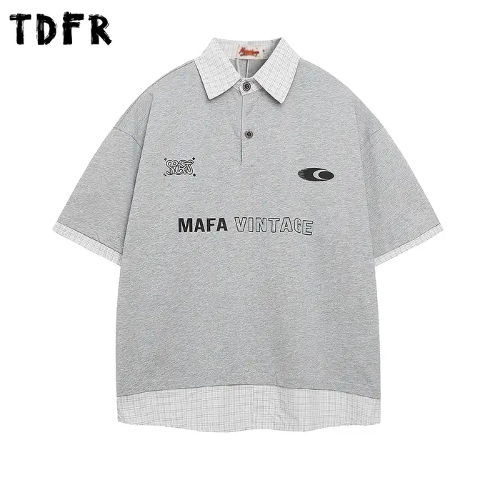 Lettre imprimer faux deux pièces polos hommes décontracté Streetwear été ample à manches courtes couverture en coton